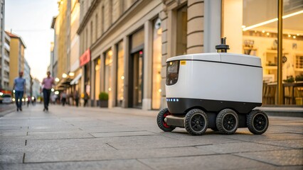 autonomous delivery robot concept Autonomous delivery robot on a city street near shops and pedestrians.