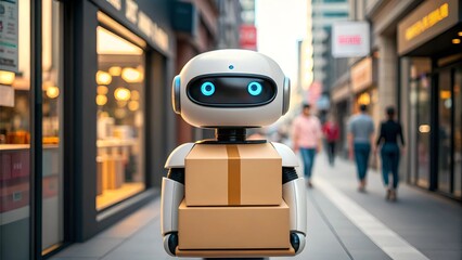 autonomous delivery robot concept A robot courier stands in a busy urban street, surrounded by pedestrians and shops.