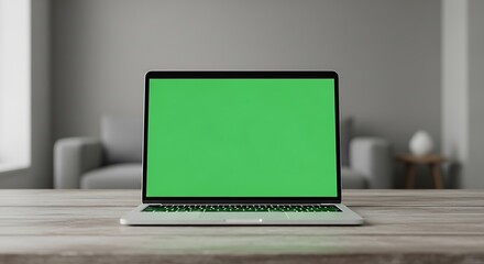 Laptop with Green Screen on Wooden Desk in Modern Room Interior, Open Laptop on a Wooden Table in a Bright Room with Comfortable Furniture