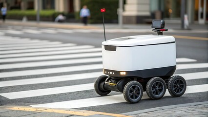 autonomous delivery robot concept Delivery robot crossing a city crosswalk on a busy street.