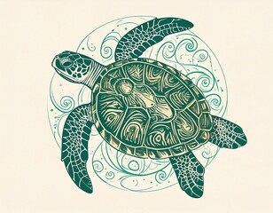 Fine line tattoo style nautical sea turtle with pattern on its back and seafoam green hues