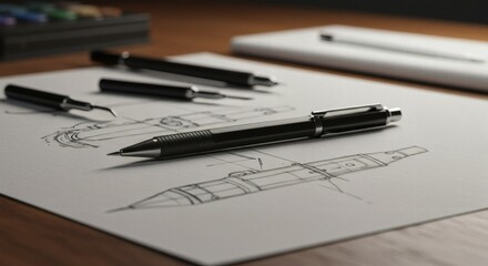 Architectural Drawing with Pens and Notepad on Wooden Desk