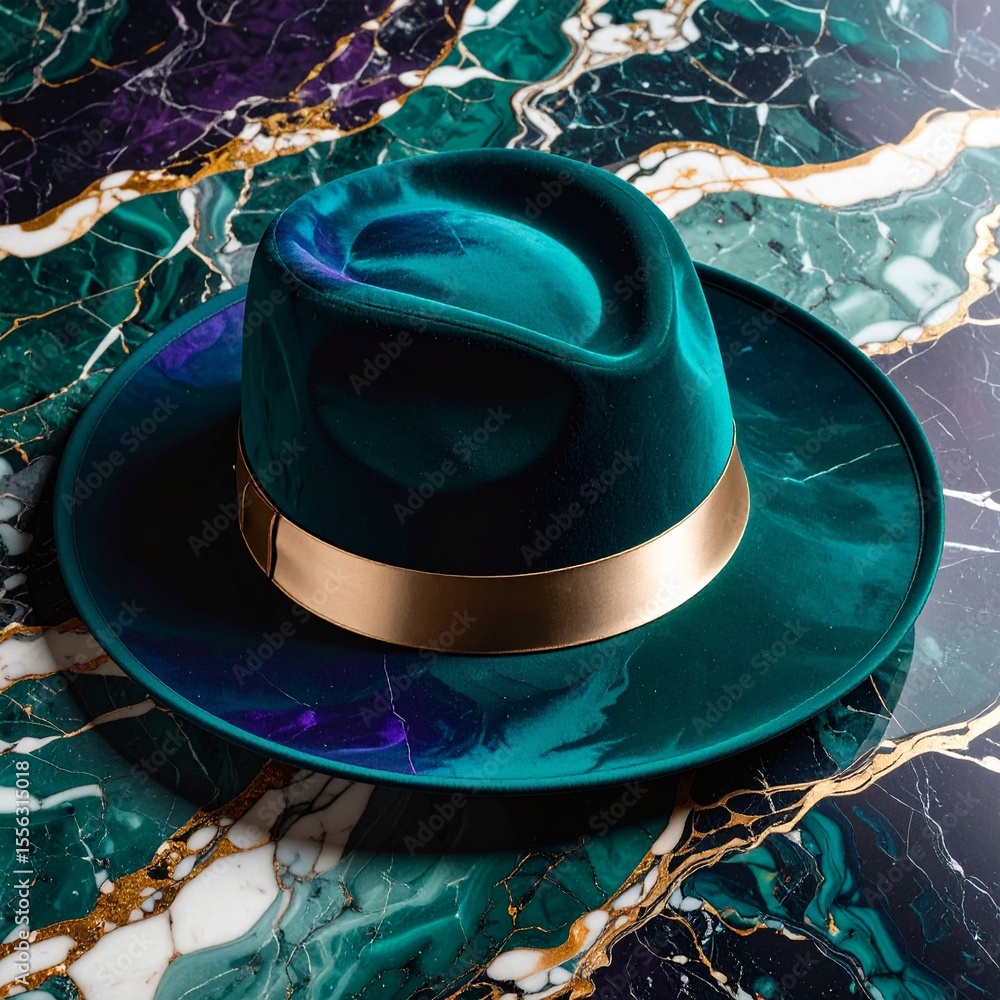 Poster a stylish hat displayed on a beautiful marble table surface with elegant design elements
