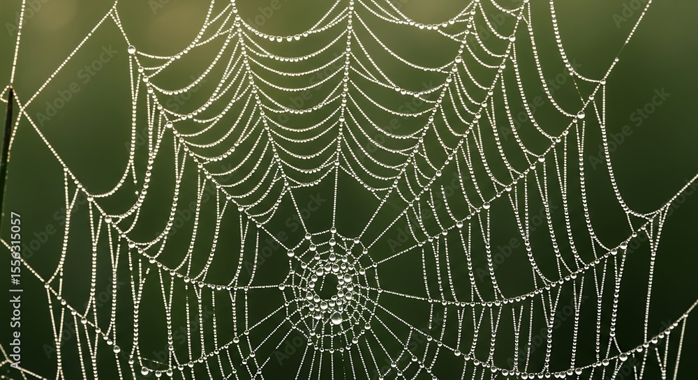 Wall mural delicate spiderweb covered with shimmering morning dew drops closeup macro view showing the intricat