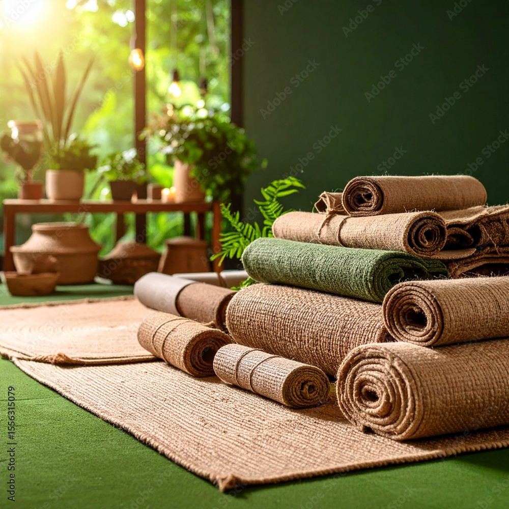 Aufkleber neatly rolled up towels displayed in a refined workshop setting with hemp rugs