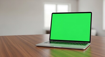 Sleek Laptop on Wood Surface with Green Screen Ready for Content Insertion,  Modern Computer Display with Blank Screen on a Stylish Table