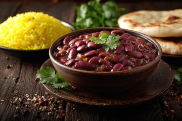 Bowl of red beans, yellow rice, naan, and cilantro on a rustic wooden background