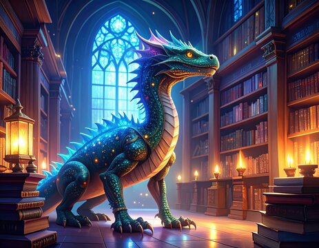 Majestic dragon residing amongst ancient tomes in enchanting magical library filled with wonder