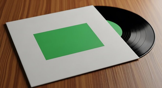 Vinyl Record in White Sleeve with Green Rectangle on Wood Surface, Classic Vinyl Record Album Cover Mockup with Plain Sleeve on Textured Wood Background