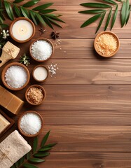 Spa products arranged on wooden table surrounded by earthy hues and evening softness