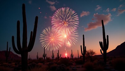 Celebrating with Fireworks Over Desert Landscape at Dusk