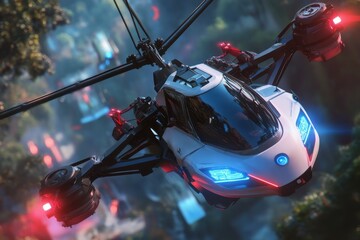 Obraz premium Futuristic Flying Vehicle with Advanced Technology in Urban Environment
