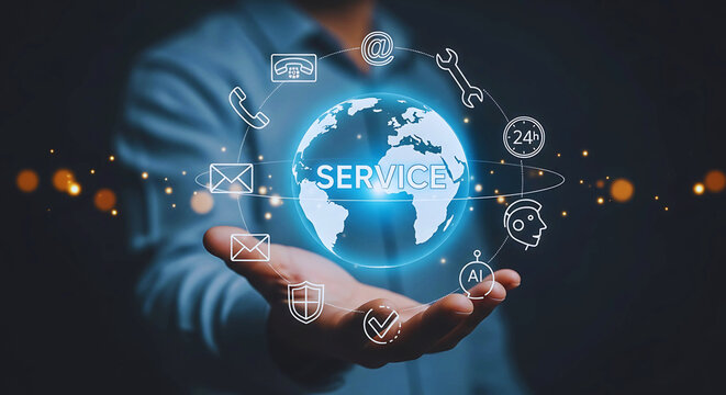 Hand holds globe with service icons representing global customer support
