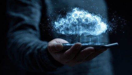 Person holding a smartphone displaying a holographic cloud emitting data streams