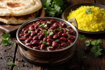 Kidney beans in a copper bowl, rice, flat bread on a rustic wooden surface