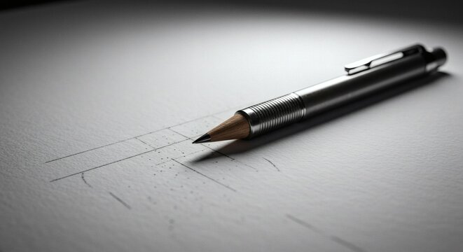 Black and Silver Mechanical Pencil Writing on White Paper with Draft Lines