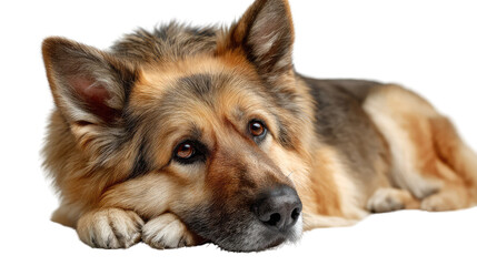 German Shepherd Dog Resting: A loyal and expressive German Shepherd dog rests comfortably, showcasing its beautiful coat and expressive eyes.