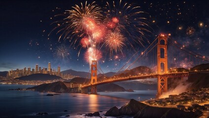 Golden Gate Glows Beneath Firework Show
