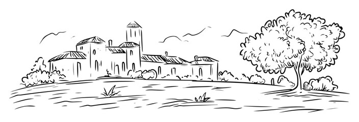 Obraz premium mediterranean countryside house hand drawn vector illustration