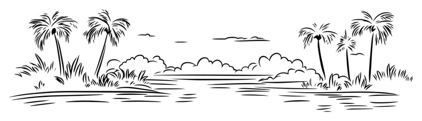 tropical lake with palm trees and vegetation hand drawn linear vector illustration