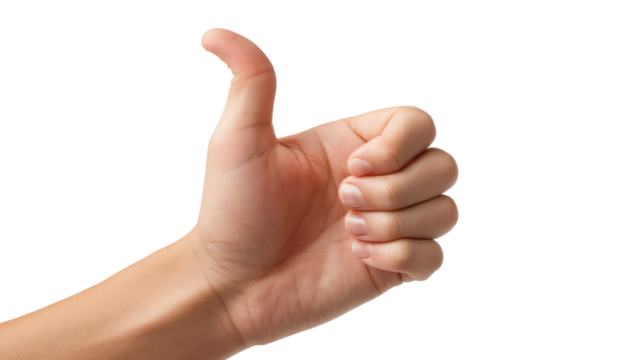 Thumbs Up: A hand gestures a thumb up with a naturalistic and photorealistic appearance against a backdrop, symbolizing approval and agreement.