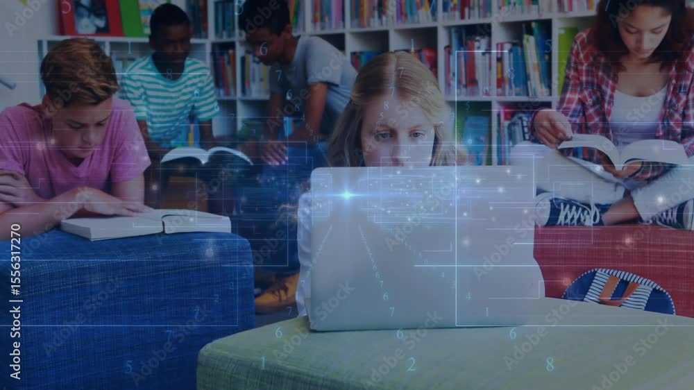 Poster student tapping laptop keyboard in library driving educational grid lines and data points