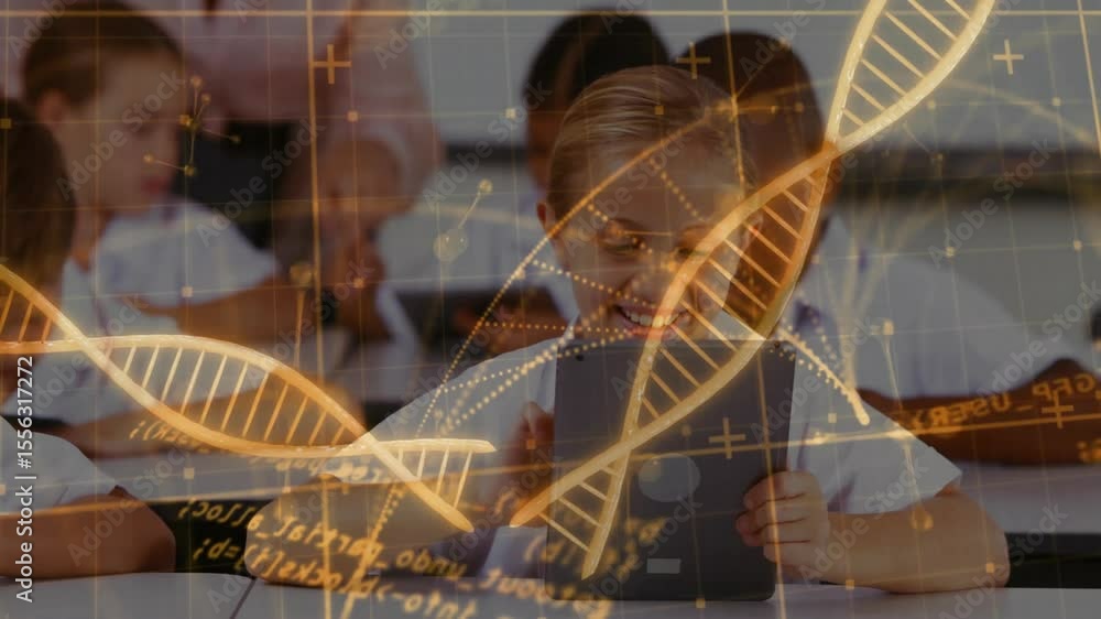 Poster boy tapping tablet in classroom, causing animated dna helix pulsing to illustrate genetics learning