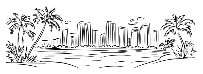 Naklejka premium miami skyline with palm trees and beach vector line sketch