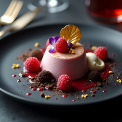 Luxury Plated Dessert Featuring Berry Mousse, White Spheres, and Fresh Raspberries in a Gourmet Style