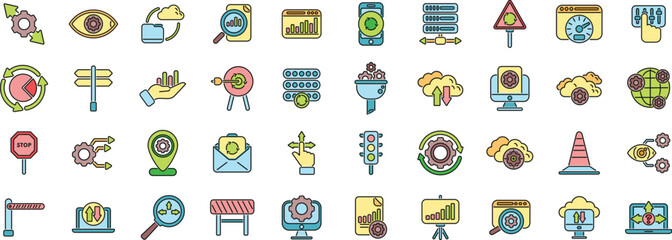 Colorful icons represent various aspects of system monitoring, optimization, and control, from data analysis and traffic management to workflow and cloud computing