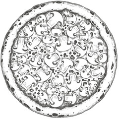 Hand Drawn Pizza Illustration. Retro Mushroom Pizza Isolated Image. Old School Italian Food