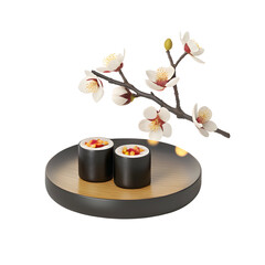 Cherry blossom branch with sushi rolls isolated on a transparent background