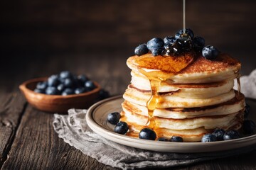 Stack of golden pancakes topped with blueberries and syrup, rustic background
