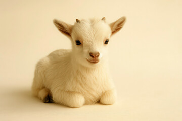 Cute Baby Goat Sitting Calmly on Cream Background
