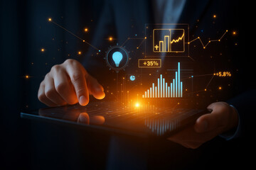 Person interacts with digital tablet displaying glowing data visualizations, including graphs and charts, in high tech business environment. scene conveys innovation and technology