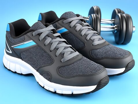 Pair of athletic shoes and dumbbells