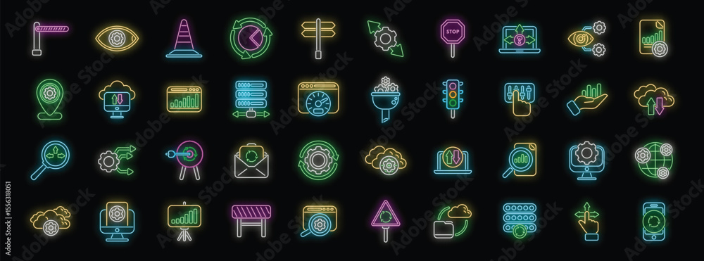 Poster glowing neon icons illustrate concepts of data analysis, traffic management, and system optimization