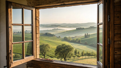 Countryside Landscape Framed by Wood Window