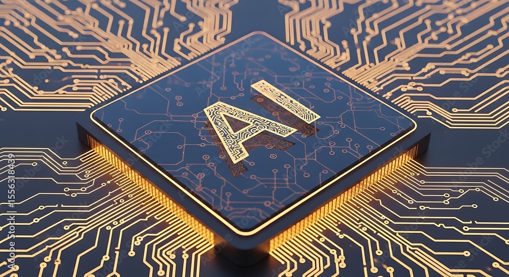 Poster artificial intelligence connection: ai symbol on a modern circuit board, futuristic ai chip with neu