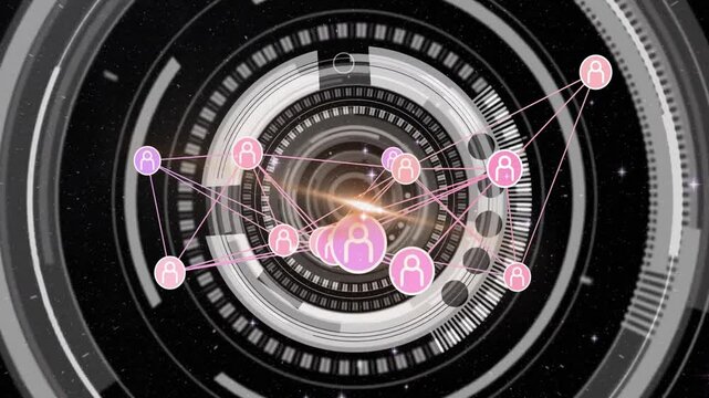 Camera zooming starting pink-purple avatar network drifting rings fading icons converging center