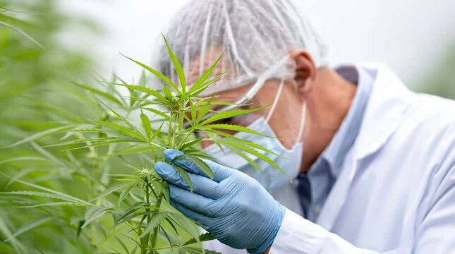A scientist in protective gear examines a cannabis plant in a commercial grow within a corporate marijuana greenhouse