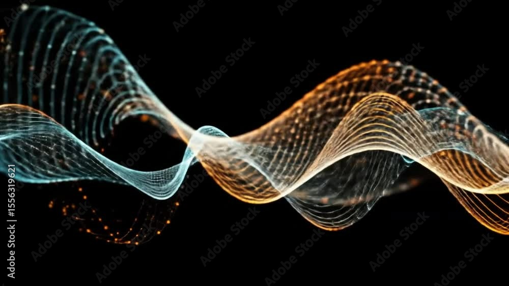 Aufkleber abstract digital waveform animation with orange and blue particle trails on black background