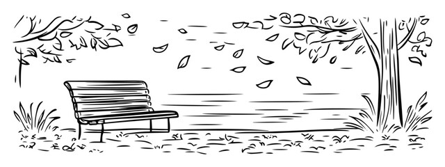 hand drawn park bench by lake with falling leaves – vector line art