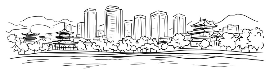 hand drawn skyline with historic and modern buildings – vector line art