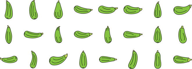 Seamless pattern with courgettes isolated on white background, simple cartoon drawing of marrow for design of vegetarian menu, wrapping paper or textile