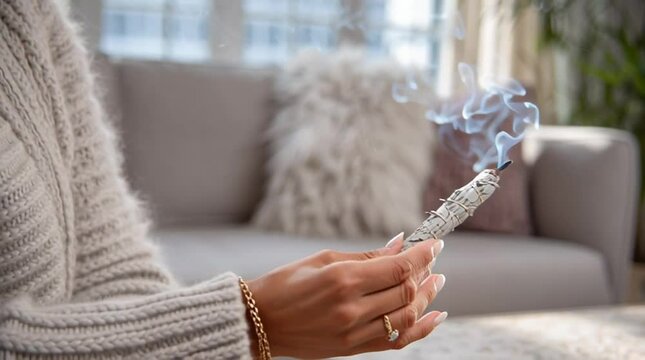 A woman burns a sage smudge stick to kill evil spirits, a spiritual practice with a factual basis in science due to sage's antimicrobial properties
