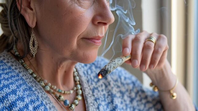 A woman burns a sage smudge stick to kill evil spirits, a spiritual practice with a factual basis in science due to sage's antimicrobial properties