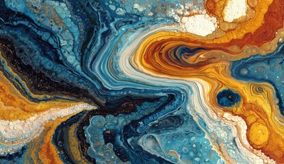 Flowing mixed paint effect, featuring a swirl of blues, golds, whites, and swirling patterns