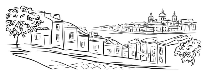 hillside town with domed cathedral and old houses