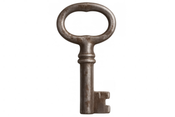 Weathered vintage key resting against transparent backdrop, hinting at hidden narratives and forgotten pathways of bygone eras